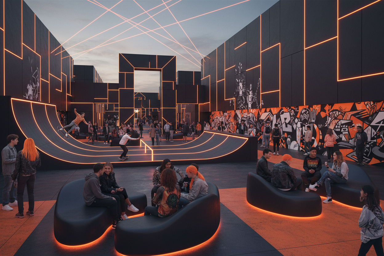 gen z high energy public space, use colors black and orange