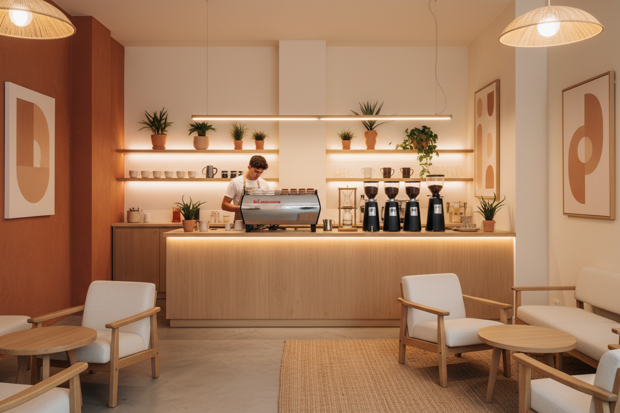 show the barista, coffee machines and use beige, light brown, pale orange colors